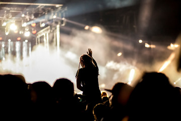 Fototapeta premium cheering crowd with raised hands at concert - music festival