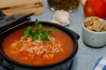Tomato soup with rice. Homemade tomato soup