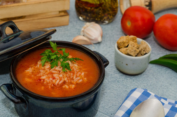 Tomato soup with rice. Homemade tomato soup