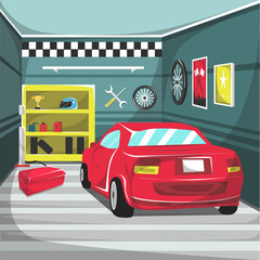 Clean Garage Car Interior with helm, red tool box, air pump, screwdriver, motorcycle tire, trophy for Cartoon Vector Illustration