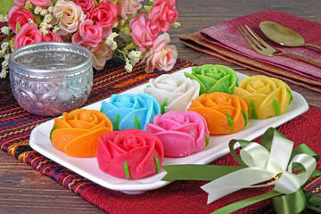 Rose candy : Siamese Allure rose candy, famous Royal Thai cuisine. Made from coconut milk, wheat flour and sugar. Colorful roses shaped candy from Thailand, gift for Valentine's day and New year.