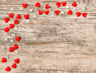 Beautiful holiday greeting card. Stone background with red hearts for Valentine's day, for wedding 