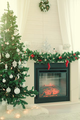 Fireplace decorated for Christmas holidays