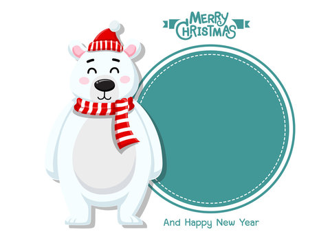 Merry Christmas and happy new year. Vector Greeting Card Cute Polar Bear. decorative element on holiday. posters, gift tags and labels.