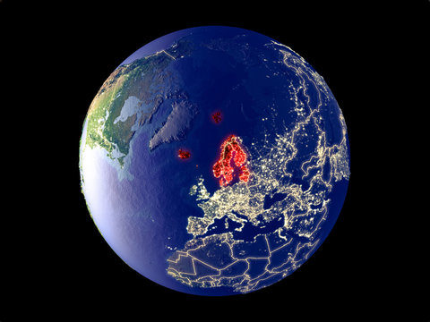 Northern Europe From Space On Model Of Planet Earth With City Lights. Very Fine Detail Of The Plastic Planet Surface And Cities.