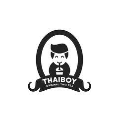 Thai boy thailand tea drink logo with character and elephant symbol in black single color good for printing