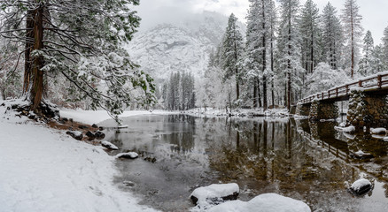 Yosemite winty scene river panoramic