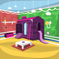Vector Clean Kids Playroom at home with large house, ladder, white table and chair, wall lamp with toys box for background illustration interior ideas
