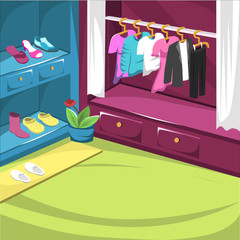 Vector Clean Shoes Cupboard and Drees Room with jacket hanger, pair of shoes and white curtain for illustration Cartoon Interior ideas