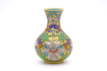 Vase : Antique Chinese Cloisonne enamel vase isolated on white background