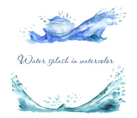Wave, ocean tsunami watercolor. Landscape with splashes of water. Illustration for cards, invitations on a white background.