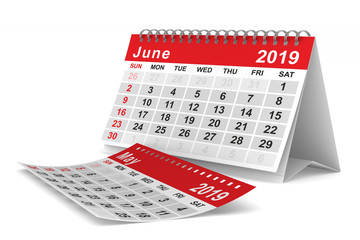 2019 year. Calendar for June. Isolated 3D illustration