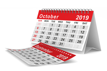 2019 year. Calendar for October. Isolated 3D illustration