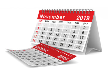 2019 year. Calendar for November. Isolated 3D illustration
