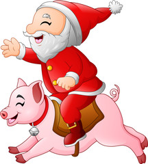 Cartoon Santa Claus rides on the smiling pig