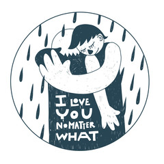 Emotional support concept. Two people hugging, black and white.