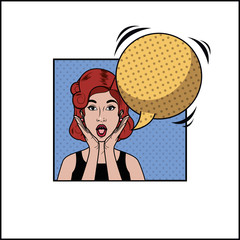 redhead woman with speech bubble pop art style