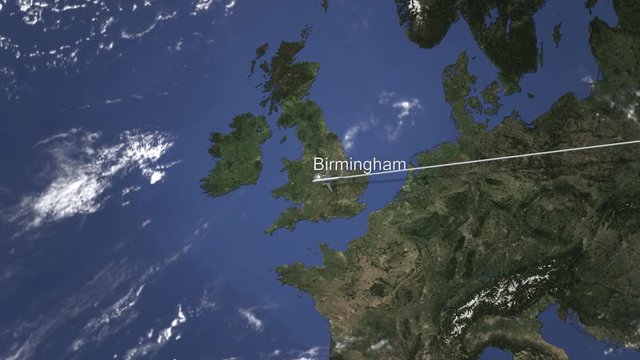 Route of a commercial plane flying to Birmingham, United Kingdom on the map, 3D animation 