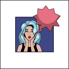 woman with blue hair and speech bubble pop art style