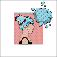 woman with blue hair and speech bubble pop art style