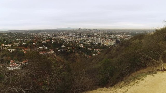 A dolly up shot at Runyon Canyon revealing the skyline of Los Angeles in the valley below.  	