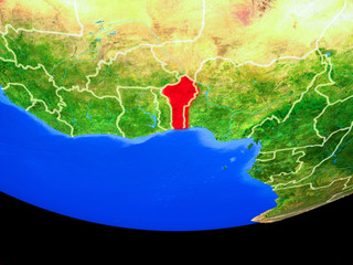Benin from space on model of planet Earth with country borders.