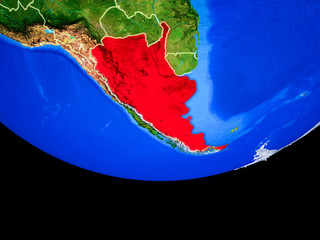 Argentina from space on model of planet Earth with country borders.