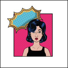 woman with black hair and speech bubble pop art style
