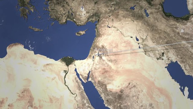 Route of a commercial plane flying to Amman, Jordan on the map, 3D animation 