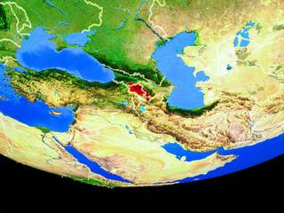Armenia from space on model of planet Earth with country borders.