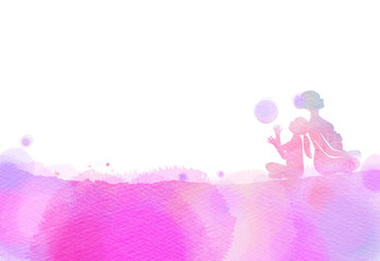 Happy mom and child exercise silhouette on watercolor background. Mother and kid doing yoga. Mother's day. Health care concept. Digital art painting