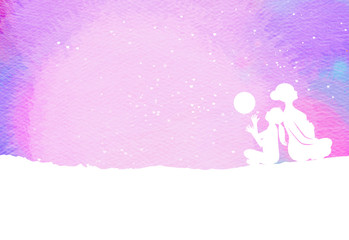 Happy mom and child exercise silhouette on watercolor background. Mother and kid doing yoga. Mother's day. Health care concept. Digital art painting