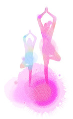 Happy mom and child exercise silhouette on watercolor background. Mother and kid doing yoga. Mother's day. Health care concept. Digital art painting