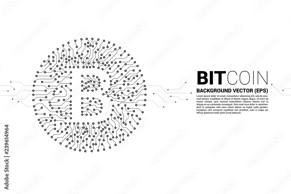 Poster Vector bitcoin icon from circuit board style dot connect line. Concept for cryptocurrency technology and financial network connection.