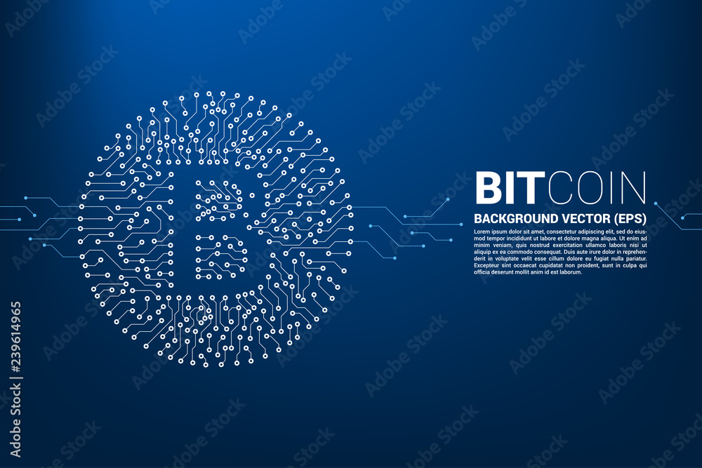 Poster Vector bitcoin icon from circuit board style dot connect line. Concept for cryptocurrency technology and financial network connection.