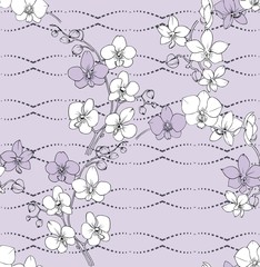 White Orchid branch on a pink background. Seamless vector pattern.