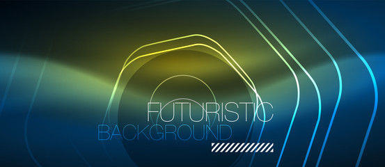 Neon glowing lines, magic energy space blue light concept, abstract background wallpaper design