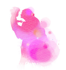 Double exposure illustration. Side view of Happy mom holding adorable  baby child silhouette plus abstract water color painted. Mother's day. Digital art painting