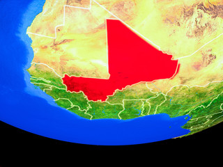 Mali from space on model of planet Earth with country borders.