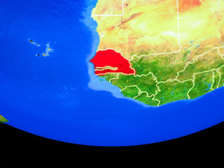 Senegal from space on model of planet Earth with country borders.