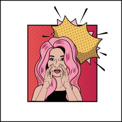 woman with pink hair and speech bubble pop art style