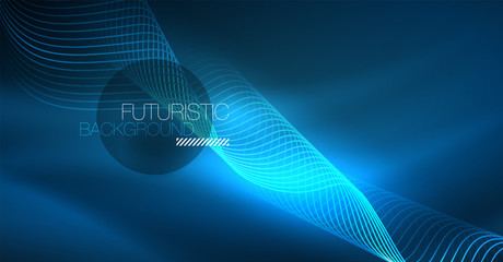 Glowing abstract wave on dark, shiny motion, Christmas and New Year magic space light. Techno abstract background