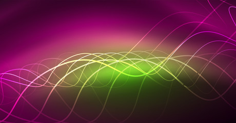 Abstract shiny glowinng color wave design element on dark background - science or technology concept