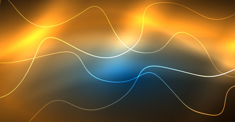 Glowing abstract wave on dark, shiny motion, Christmas and New Year magic space light. Techno abstract background