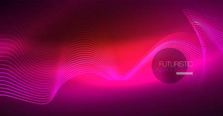 Abstract shiny glowinng color wave design element on dark background - science or technology concept