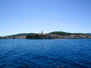 Naklejka premium Panoramic view of Croatian island Korcula in the Adriatic Sea and Korcula medieval old town, homeland of Marco Polo