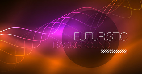 Abstract shiny glowinng color wave design element on dark background - science or technology concept