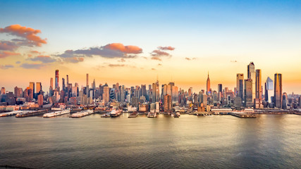 Aerial panorama of midtown Manhattan skyscrapers on a sunny afternoon