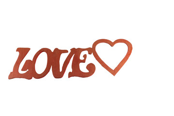 the word love and heart on a white isolated background.