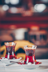 Turkish tea in the restaurant. Turkish cuisine and travel  concept